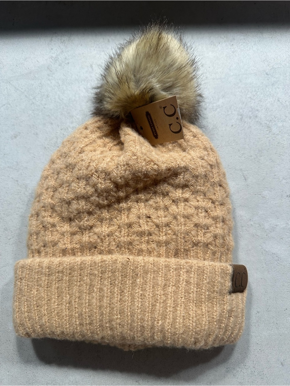 C.C Peanut Knit Beanie with Faux Fur Pom